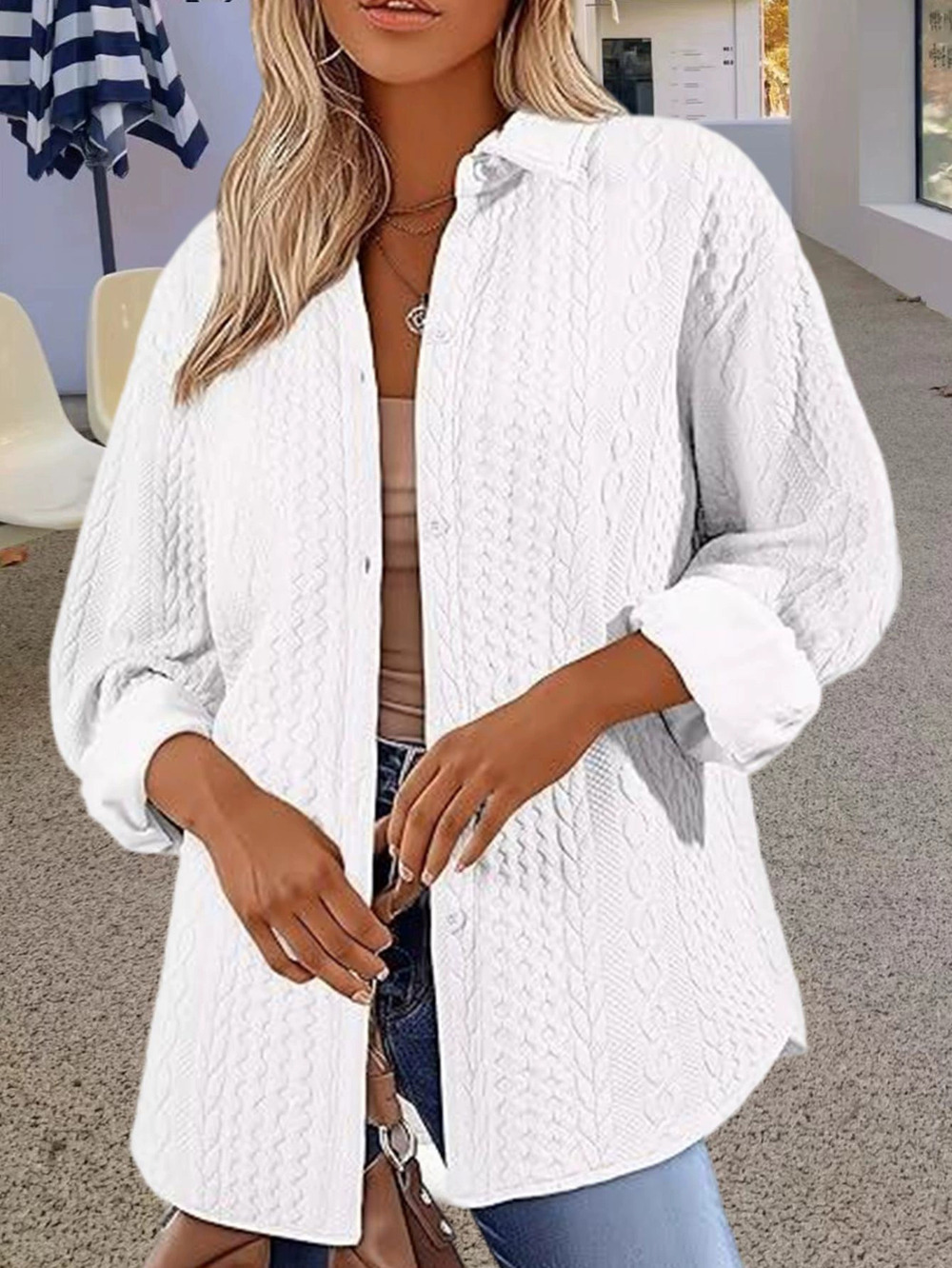 Forever 21 Fall Chic Lapel Cable Knit Solid Oversize Long-Sleeve Shirt Jacket